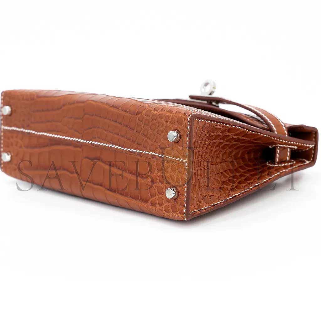 HERMÈS MASTER MINI KELLY II MATTE AMERICAN CROCODILE YELLOW SILVER BUCKLE (19*12*5.5cm)